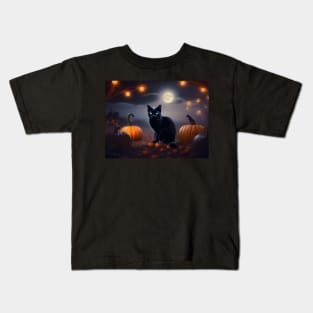 Handsome black cat in a pumpkin patch Kids T-Shirt